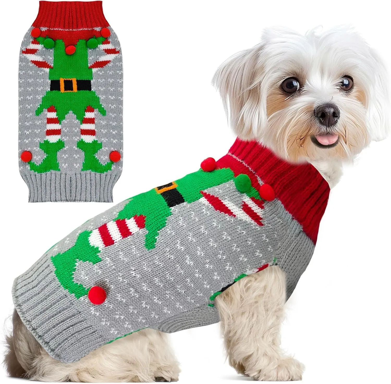 Dog Christmas Sweater Cute Grey Elf Clown Xmas Dog Cat Outfit New Year Holiday Costumes Puppy Cat Sweater with Leash Hole for Small Medium Large Dogs Girl Boy Turtleneck Winter Warm Pet Clothes