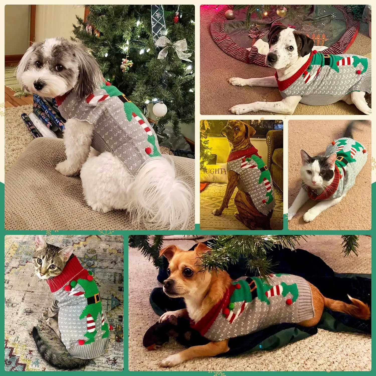 Dog Christmas Sweater Cute Grey Elf Clown Xmas Dog Cat Outfit New Year Holiday Costumes Puppy Cat Sweater with Leash Hole for Small Medium Large Dogs Girl Boy Turtleneck Winter Warm Pet Clothes