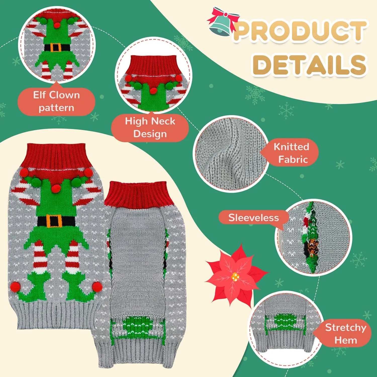 Dog Christmas Sweater Cute Grey Elf Clown Xmas Dog Cat Outfit New Year Holiday Costumes Puppy Cat Sweater with Leash Hole for Small Medium Large Dogs Girl Boy Turtleneck Winter Warm Pet Clothes