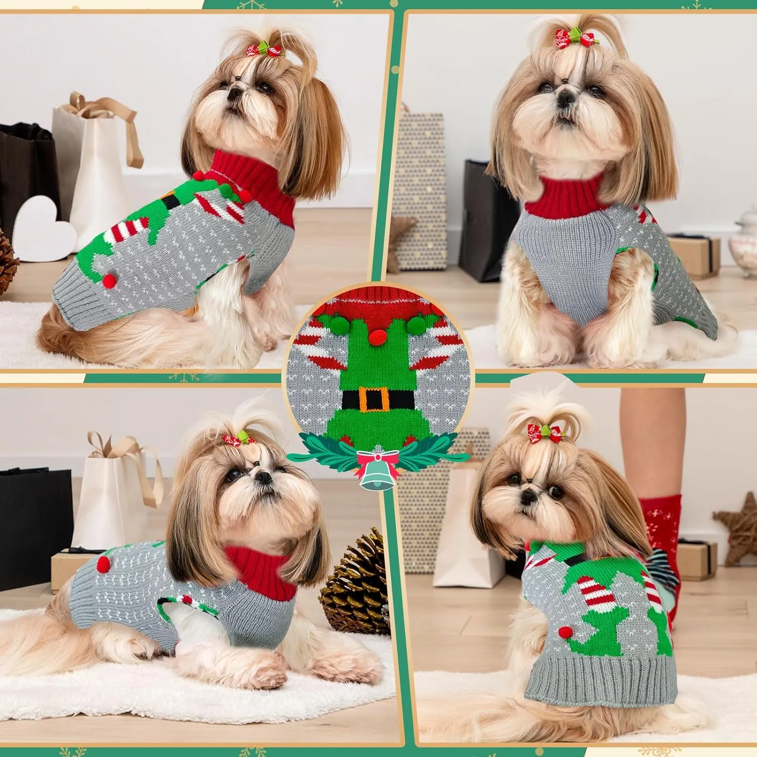 Dog Christmas Sweater Cute Grey Elf Clown Xmas Dog Cat Outfit New Year Holiday Costumes Puppy Cat Sweater with Leash Hole for Small Medium Large Dogs Girl Boy Turtleneck Winter Warm Pet Clothes