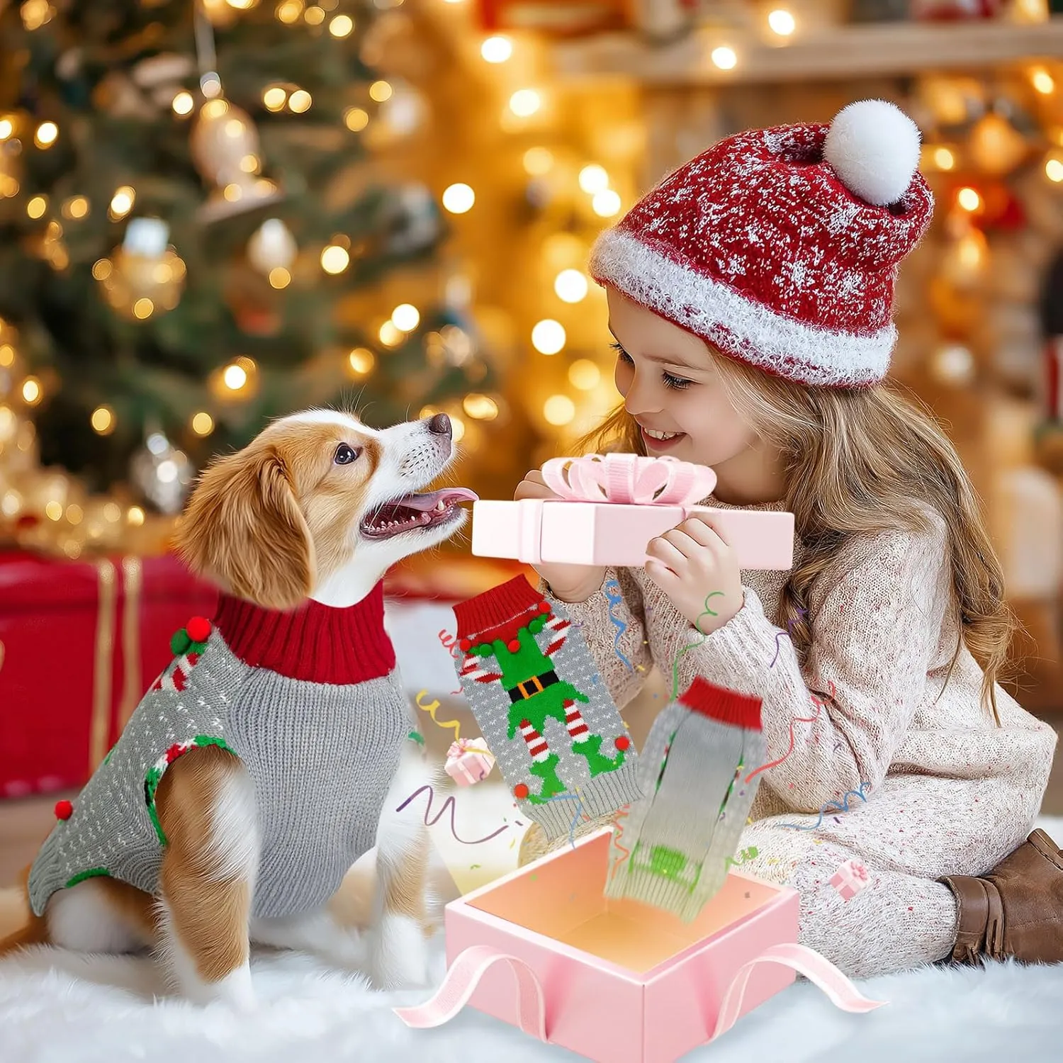 Dog Christmas Sweater Cute Grey Elf Clown Xmas Dog Cat Outfit New Year Holiday Costumes Puppy Cat Sweater with Leash Hole for Small Medium Large Dogs Girl Boy Turtleneck Winter Warm Pet Clothes
