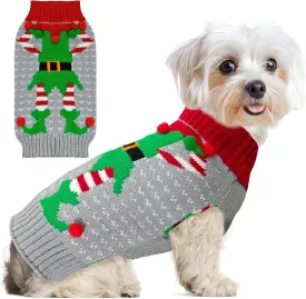 Dog Christmas Sweater Cute Grey Elf Clown Xmas Dog Cat Outfit New Year Holiday Costumes Puppy Cat Sweater with Leash Hole for Small Medium Large Dogs Girl Boy Turtleneck Winter Warm Pet Clothes