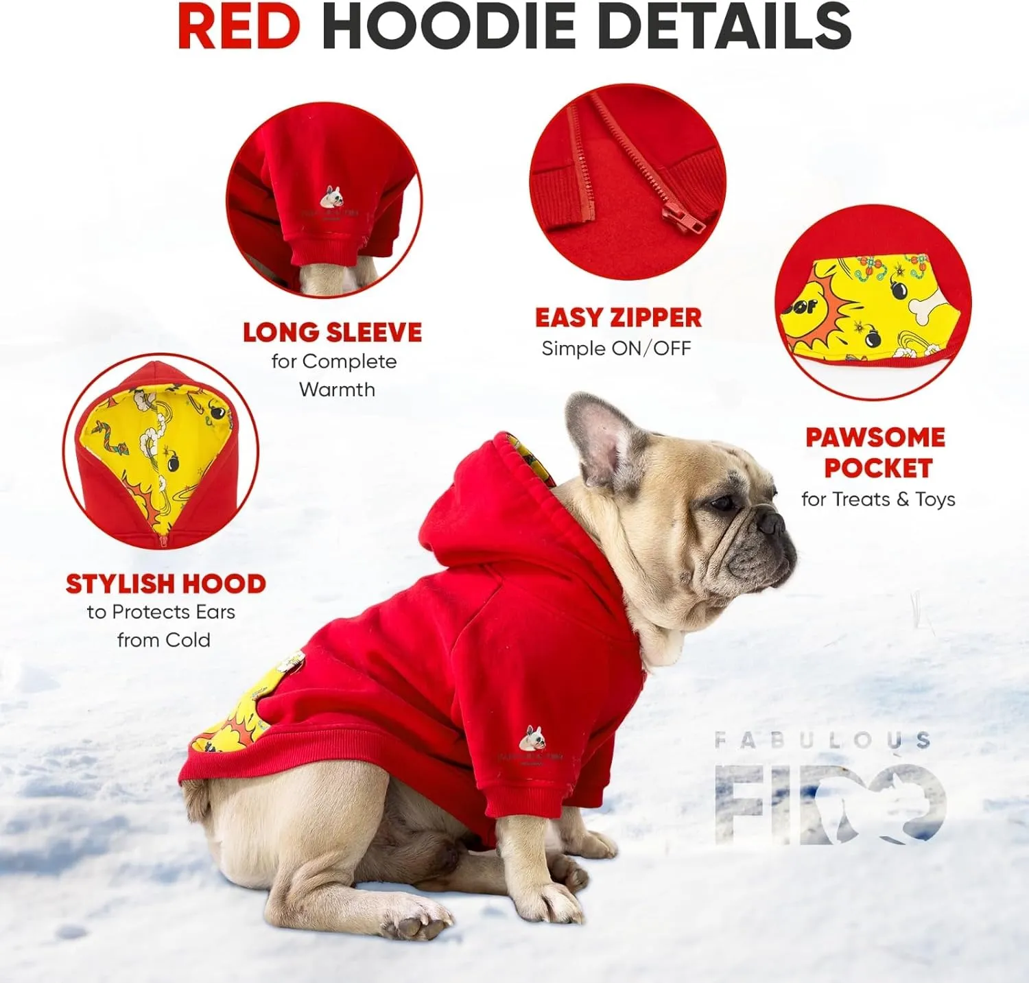 Dog Hoodie  Red Fleece-Lined Dog Sweatshirt with Zipper  Small, Medium & Large Dog Hoodie for French Bulldogs, Pugs, Boston Terriers, Pitbulls  French Bulldog Clothes for Cold Weather  XS