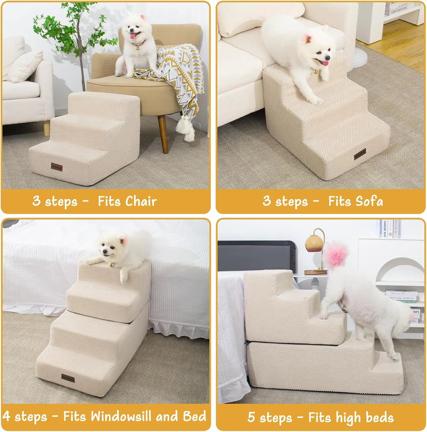 Dog Stairs for Small Dogs & Cats, 3-Step Non-Slip Pet Steps for Couch Sofa and Chair, Beige, 13.6" H