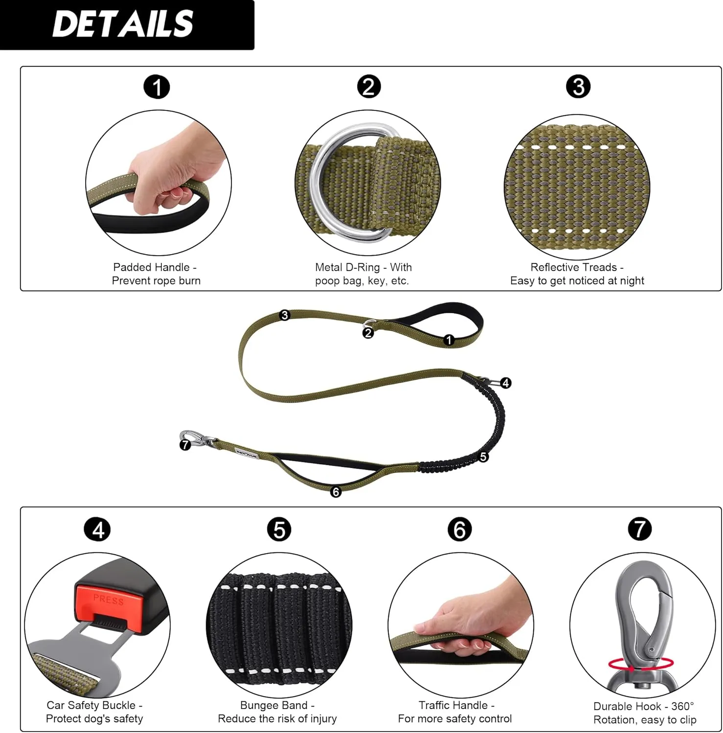 Double Handle Dog Leash - Heavy Duty, 4-6FT Reflective Tactical Leash with 2 Padded Handles, Shock Absorbing Bungee, Car Seatbelt & Easy Snap Hook, for Large, Medium & Small Dogs
