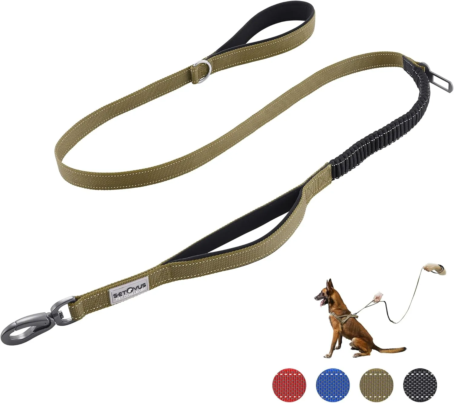 Double Handle Dog Leash - Heavy Duty, 4-6FT Reflective Tactical Leash with 2 Padded Handles, Shock Absorbing Bungee, Car Seatbelt & Easy Snap Hook, for Large, Medium & Small Dogs