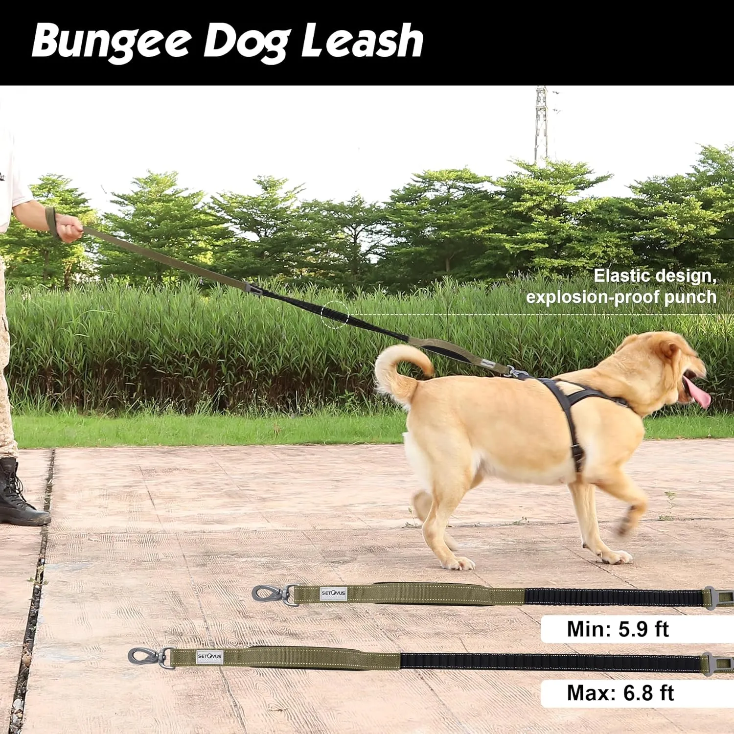Double Handle Dog Leash - Heavy Duty, 4-6FT Reflective Tactical Leash with 2 Padded Handles, Shock Absorbing Bungee, Car Seatbelt & Easy Snap Hook, for Large, Medium & Small Dogs
