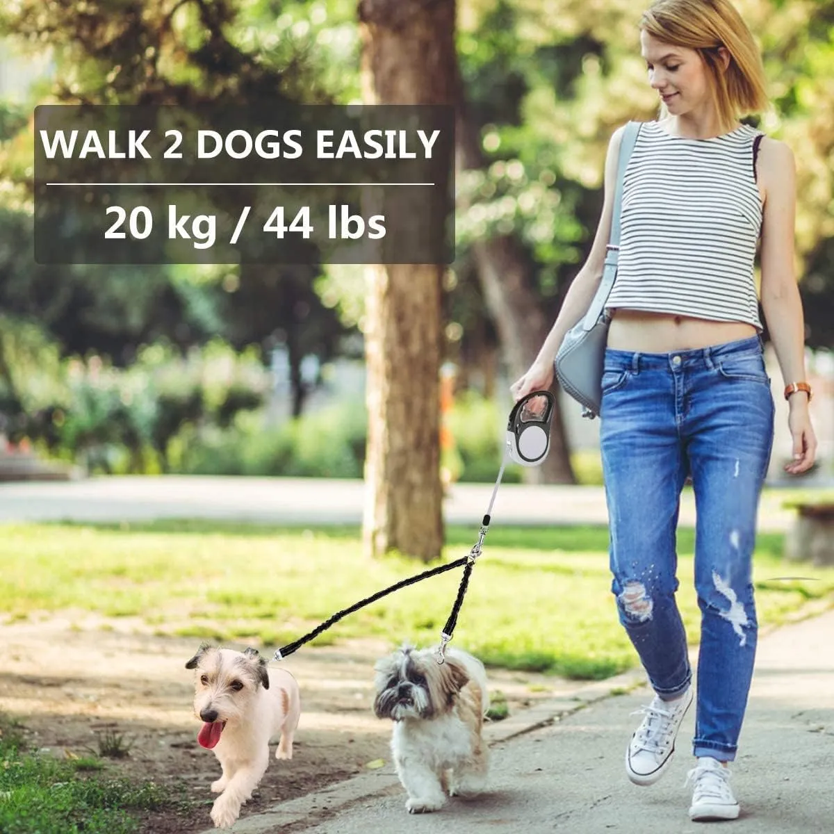 Dual Retractable Dog Leash Small Breed (Up to 44 Lbs Each) - Double Headed 16 ft Extendable Pet Leash with Poop Bags, Non Slip Grip - One Button Break & Lock, 360 Tangle-Free (Blue, Medium)