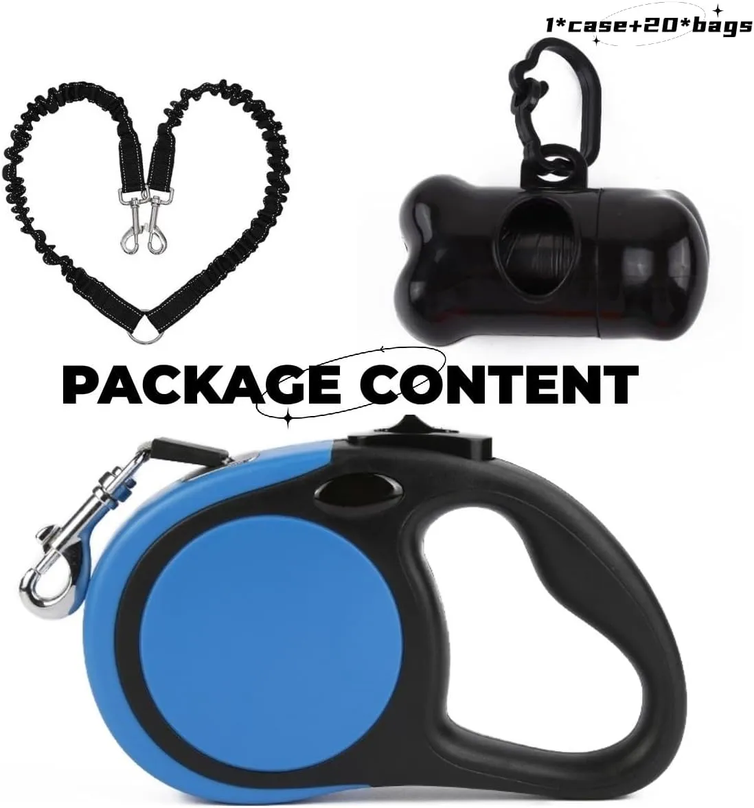 Dual Retractable Dog Leash Small Breed (Up to 44 Lbs Each) - Double Headed 16 ft Extendable Pet Leash with Poop Bags, Non Slip Grip - One Button Break & Lock, 360 Tangle-Free (Blue, Medium)
