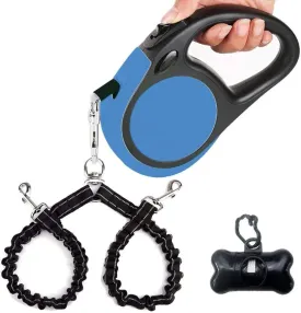 Dual Retractable Dog Leash Small Breed (Up to 44 Lbs Each) - Double Headed 16 ft Extendable Pet Leash with Poop Bags, Non Slip Grip - One Button Break & Lock, 360 Tangle-Free (Blue, Medium)