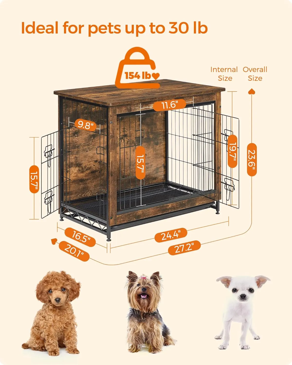 Feandrea Dog Crate Furniture, 27.2" Side End Table, Modern Kennel for Dogs Indoor up to 30 lb, Heavy-Duty Dog Cage with Multi-Purpose Removable Tray, Double-Door Dog House, Rustic Brown UPFC001X01
