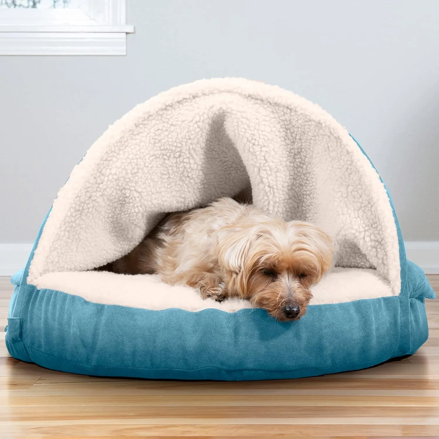 Furhaven 26" Round Memory Foam Dog Bed for Medium/Small Dogs w/ Removable Washable Cover, For Dogs Up to 30 lbs - Sherpa & Suede Snuggery - Blue, 26-inch
