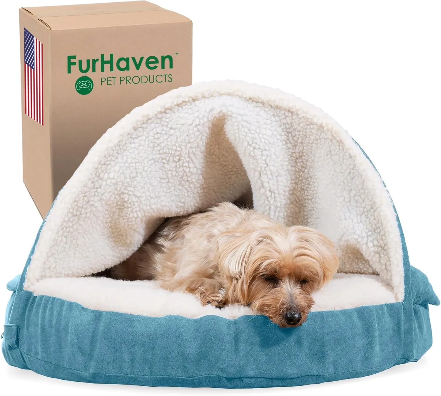 Furhaven 26" Round Memory Foam Dog Bed for Medium/Small Dogs w/ Removable Washable Cover, For Dogs Up to 30 lbs - Sherpa & Suede Snuggery - Blue, 26-inch