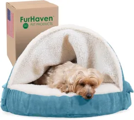 Furhaven 26" Round Memory Foam Dog Bed for Medium/Small Dogs w/ Removable Washable Cover, For Dogs Up to 30 lbs - Sherpa & Suede Snuggery - Blue, 26-inch
