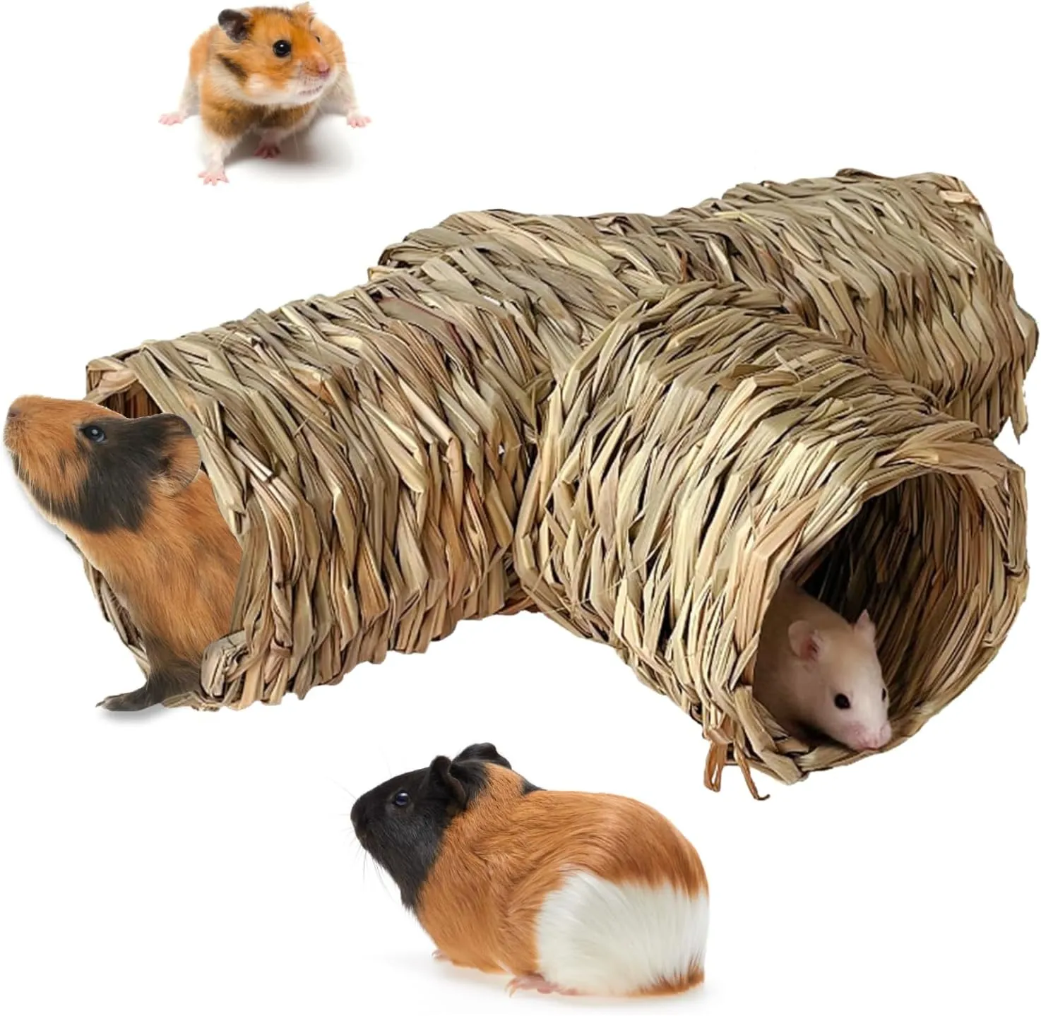Hamiledyi Hamster Grass Tunnel Toy Nature's Hideaway Straw House with Open Entrance Guinea Pig Tunnel and Tube Home for Hamsters Rats Ferrets Guinea Pigs Chinchillas Hedgehogs and Birds