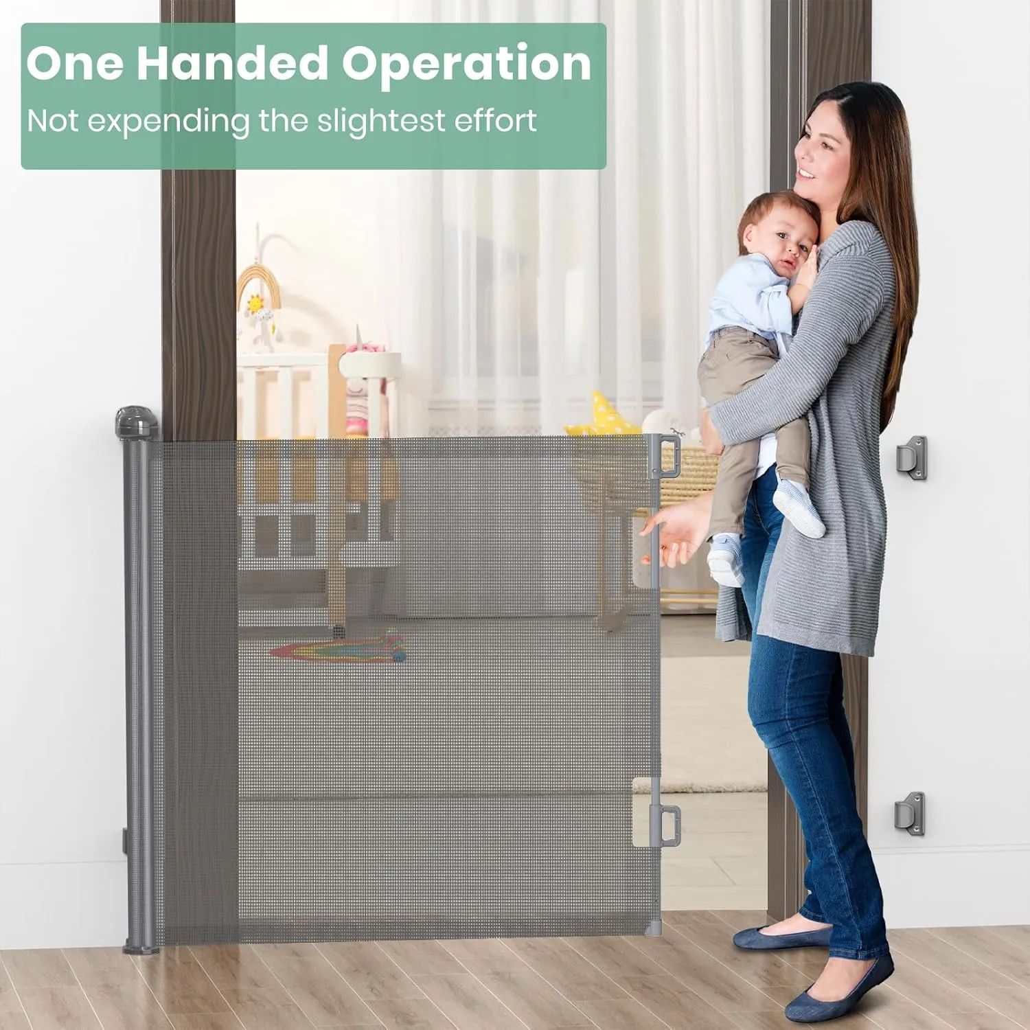 HAMOPY Retractable Baby Gates, 33" Tall, Extends up to 71" Extra Wide Baby Gate, Durable Auto-Lock Mesh Dog Gate, Pets and Child Safety Gates for Stairs, Doorways, Hallways, Indoor, Outdoor(Grey)