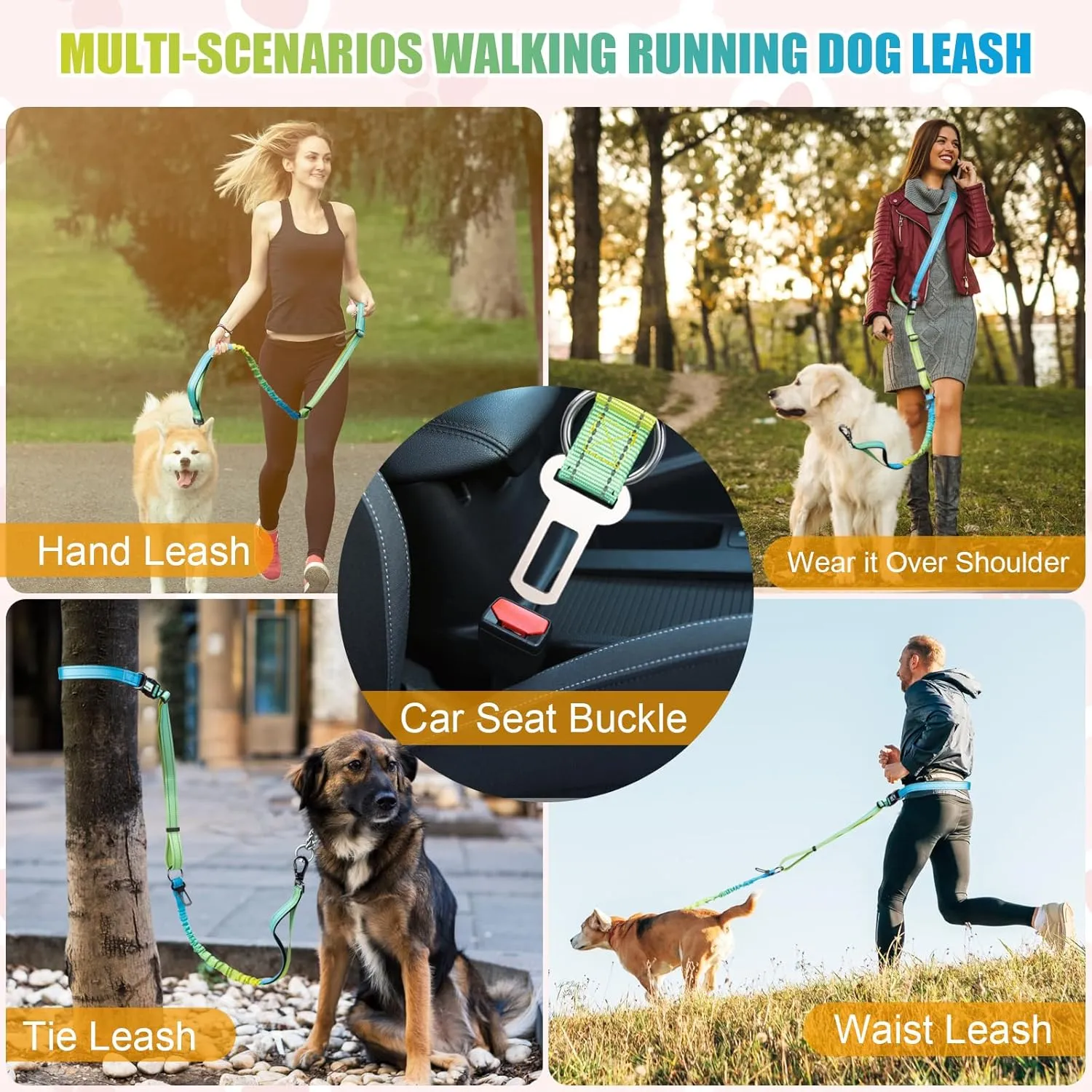 Heavy Duty Hands Free Dog Leash, 5-7 FT Reflective Adjustable Waist Dog Leash Belt with Padded Handles, Shock Absorbing Bungee and Car Seat Belt for Large Medium Dogs (Yellow Blue, XL)