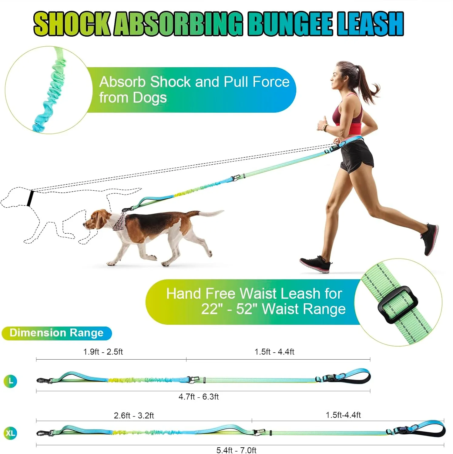 Heavy Duty Hands Free Dog Leash, 5-7 FT Reflective Adjustable Waist Dog Leash Belt with Padded Handles, Shock Absorbing Bungee and Car Seat Belt for Large Medium Dogs (Yellow Blue, XL)