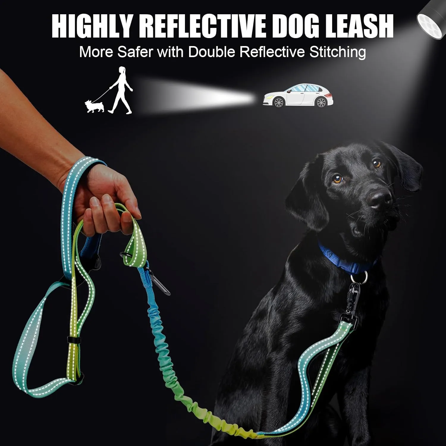 Heavy Duty Hands Free Dog Leash, 5-7 FT Reflective Adjustable Waist Dog Leash Belt with Padded Handles, Shock Absorbing Bungee and Car Seat Belt for Large Medium Dogs (Yellow Blue, XL)