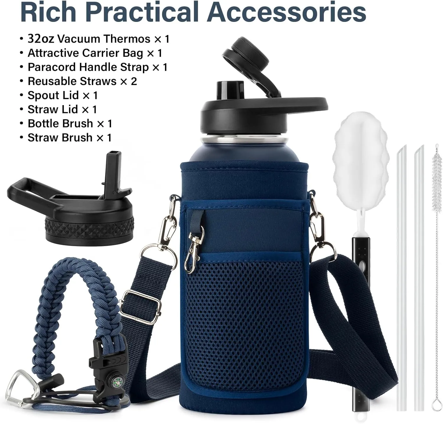Insulated Water Bottle | Thickened Stainless Steel Vacuum Metal Thermos | Portable Sports Water Jug for Gym and Hiking with Straw, Carrier Bag, Handle Strap | BPA-Free 32 oz, Blue