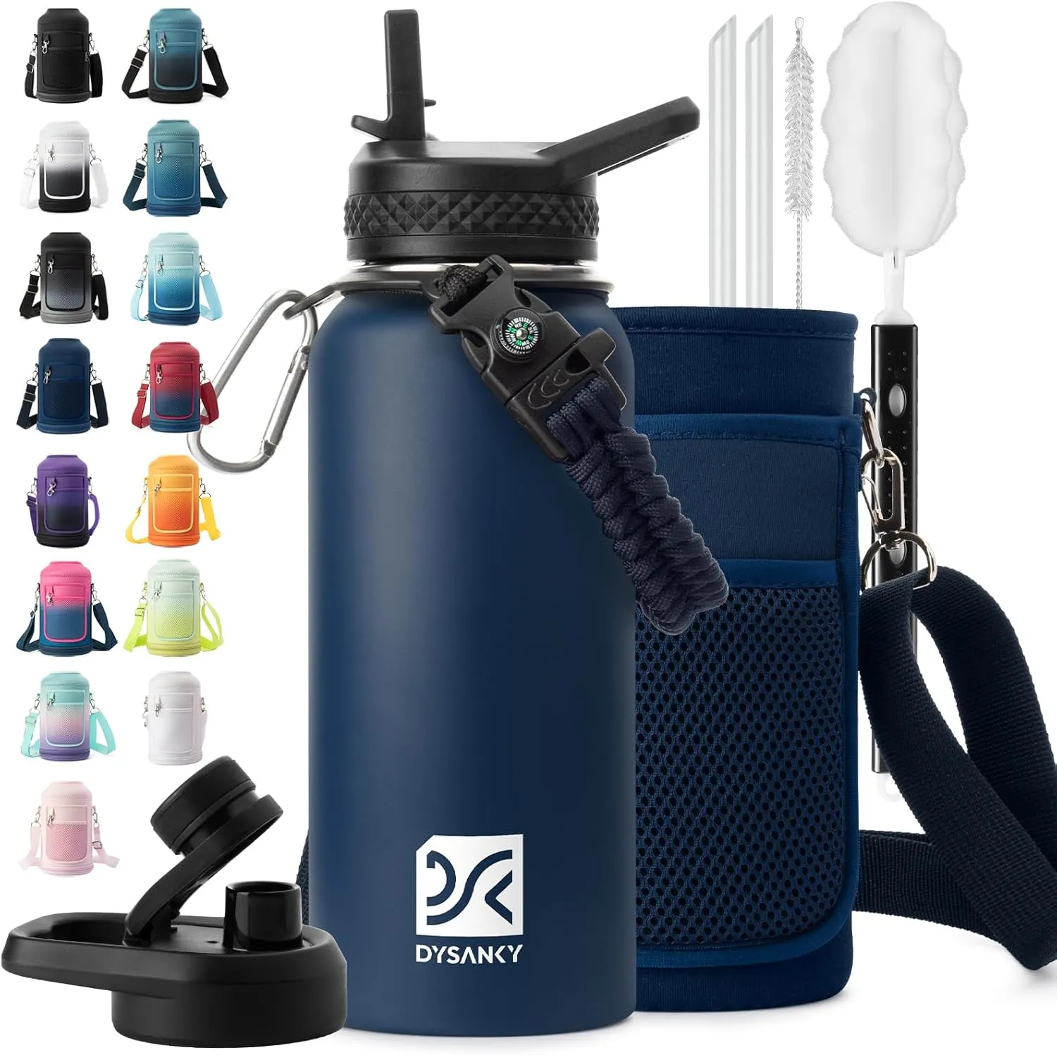 Insulated Water Bottle | Thickened Stainless Steel Vacuum Metal Thermos | Portable Sports Water Jug for Gym and Hiking with Straw, Carrier Bag, Handle Strap | BPA-Free 32 oz, Blue