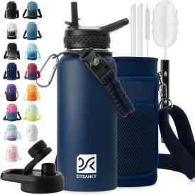 Insulated Water Bottle | Thickened Stainless Steel Vacuum Metal Thermos | Portable Sports Water Jug for Gym and Hiking with Straw, Carrier Bag, Handle Strap | BPA-Free 32 oz, Blue