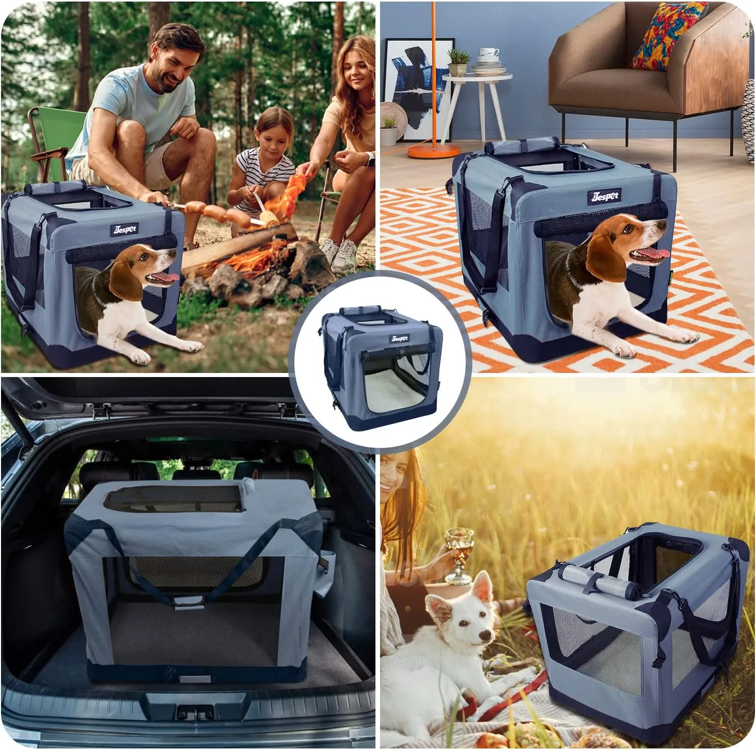 JESPET 27'' Soft Dog Crates Kennel for Pets, 3 Door Soft Sided Folding Travel Pet Carrier with Straps and Fleece Mat for Dogs, Cats, Rabbits, Grey Blue & Beige (27" L x 20" W x 20" H, Grey)
