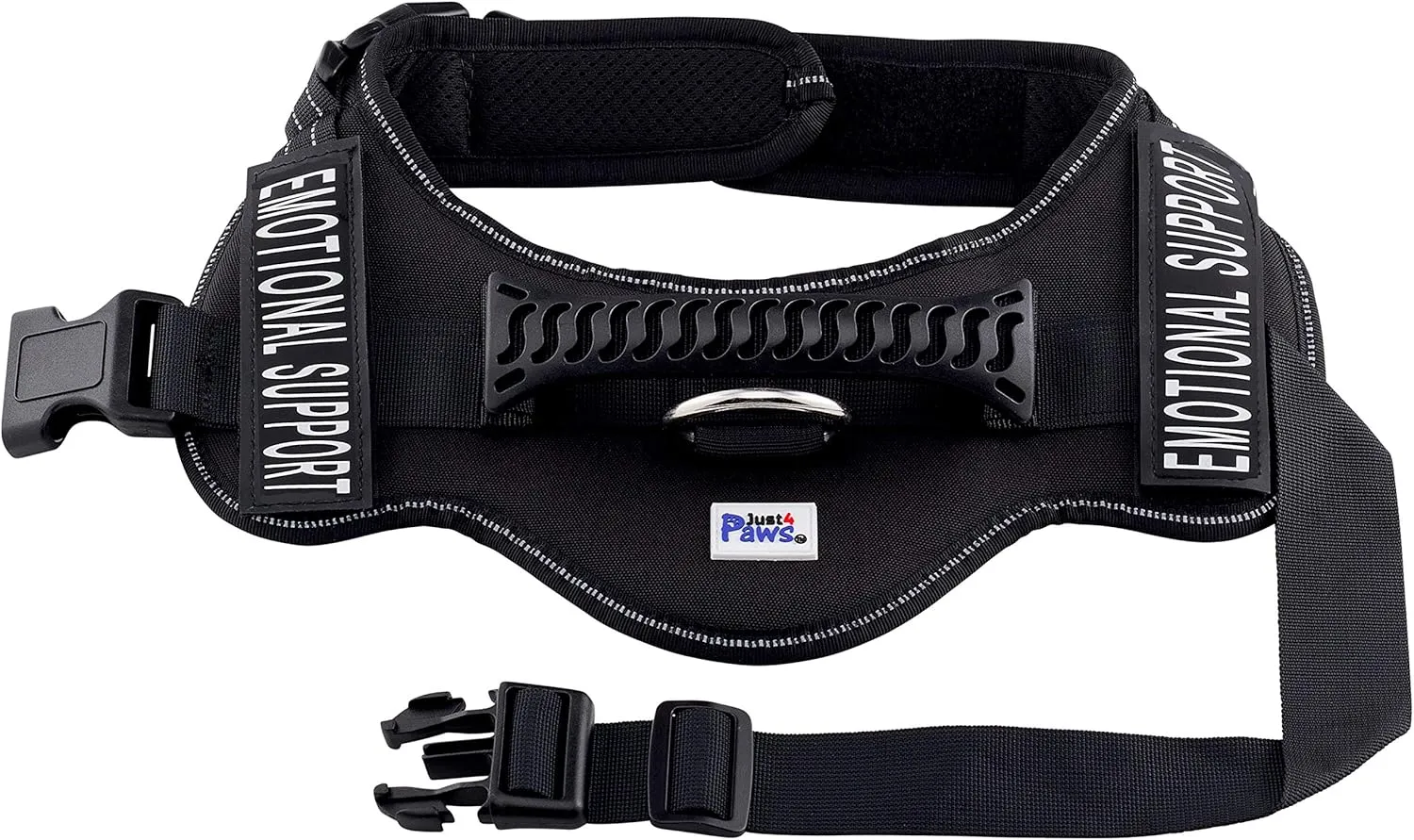Just 4 Paws Emotional Support Dog Harness Jacket with Padded Handle | 6 Sizes | Adjustable Straps & 2 Removable Reflective Patches (Large-Chest 25" to 36", Black)