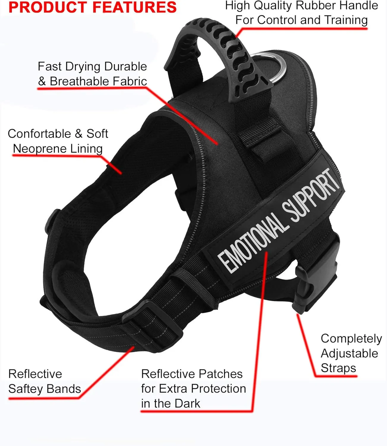 Just 4 Paws Emotional Support Dog Harness Jacket with Padded Handle | 6 Sizes | Adjustable Straps & 2 Removable Reflective Patches (Large-Chest 25" to 36", Black)