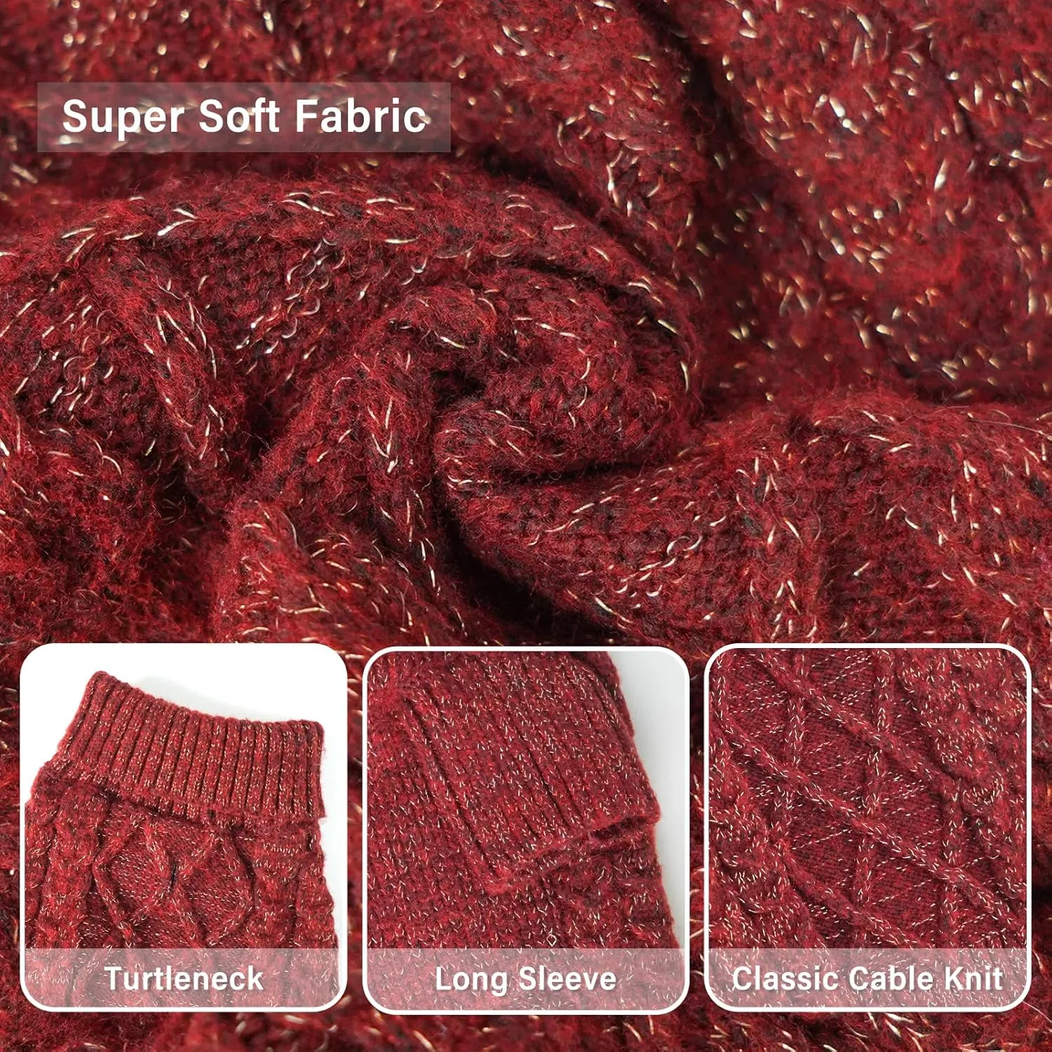 KYEESE Turtleneck Dog Sweater With Classic Cable Knit - Soft, Stretchy, Warm Clothes for Small Dogs - Long Sleeve Comfy Coat for Cold Weather, Red, Small