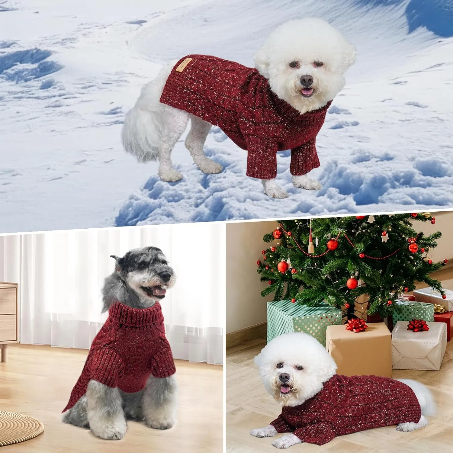 KYEESE Turtleneck Dog Sweater With Classic Cable Knit - Soft, Stretchy, Warm Clothes for Small Dogs - Long Sleeve Comfy Coat for Cold Weather, Red, Small