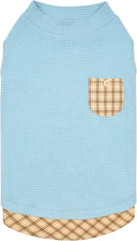 KYEESE Waffle Dog Shirt, Blue, L-Chest(18), Soft Stretchy, Lightweight, Breathable, Sleeveless, Plaid Patchwork, Small Breeds, Round Neck