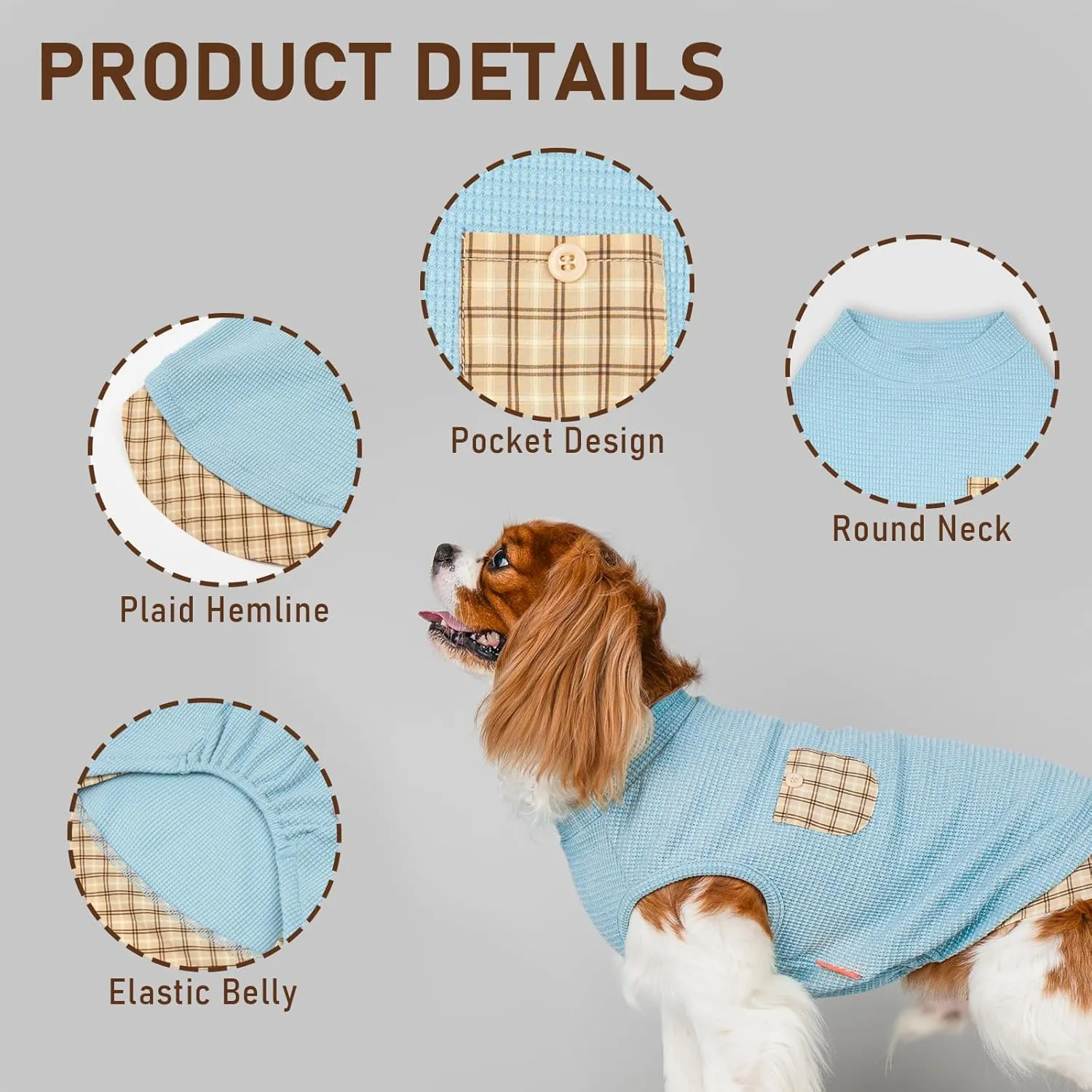 KYEESE Waffle Dog Shirt, Blue, L-Chest(18), Soft Stretchy, Lightweight, Breathable, Sleeveless, Plaid Patchwork, Small Breeds, Round Neck