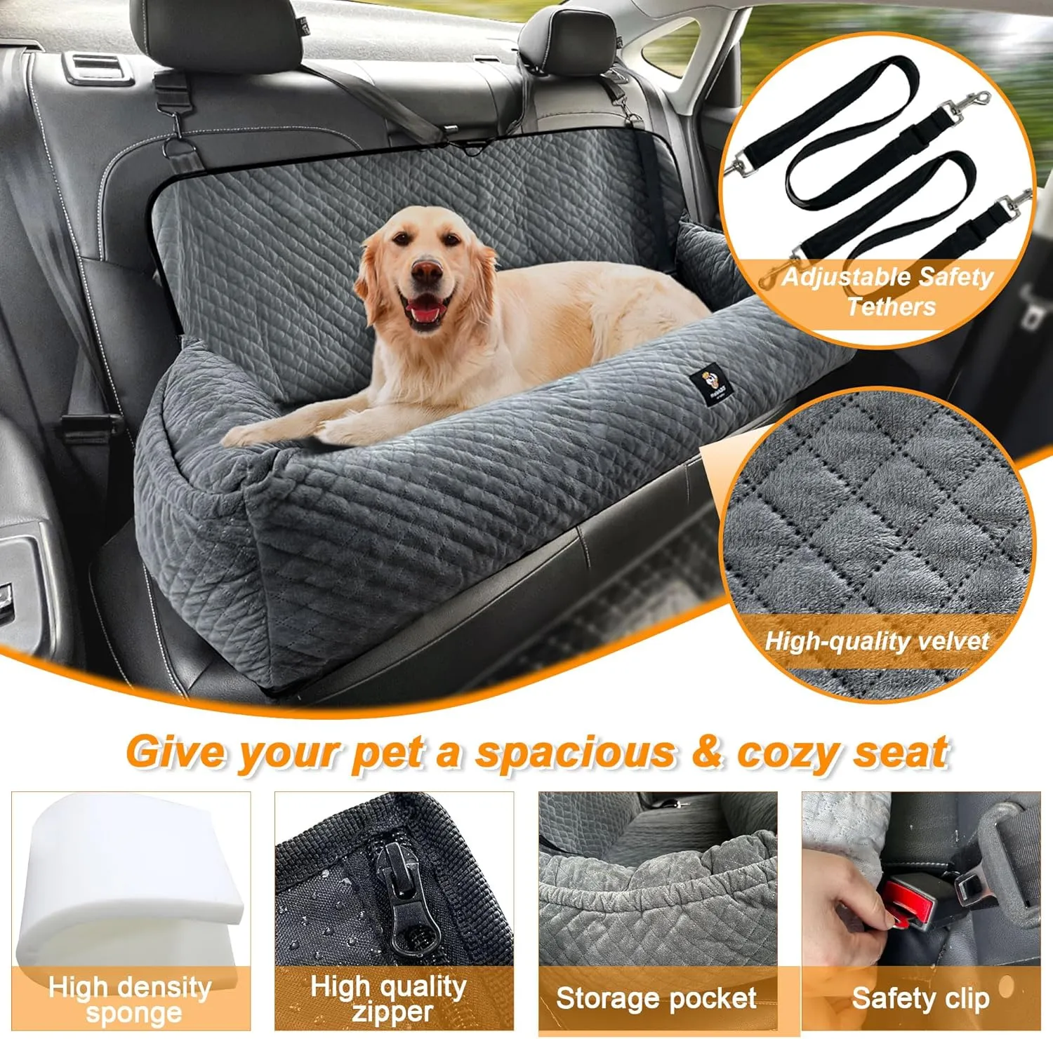 Large Dog Car Booster Seat - Removable, Washable, Safety Tethers, Storage Pocket - Under 100LBS, Gray