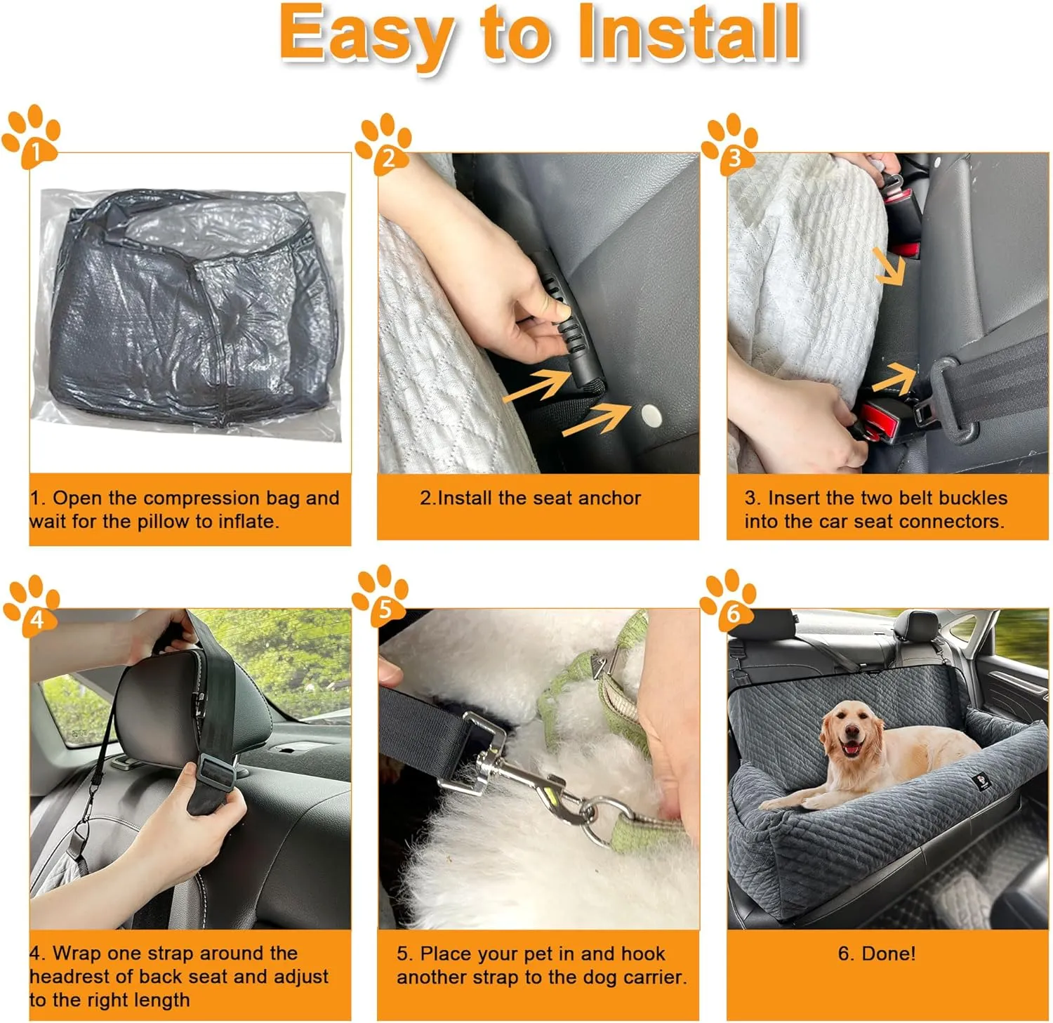 Large Dog Car Booster Seat - Removable, Washable, Safety Tethers, Storage Pocket - Under 100LBS, Gray