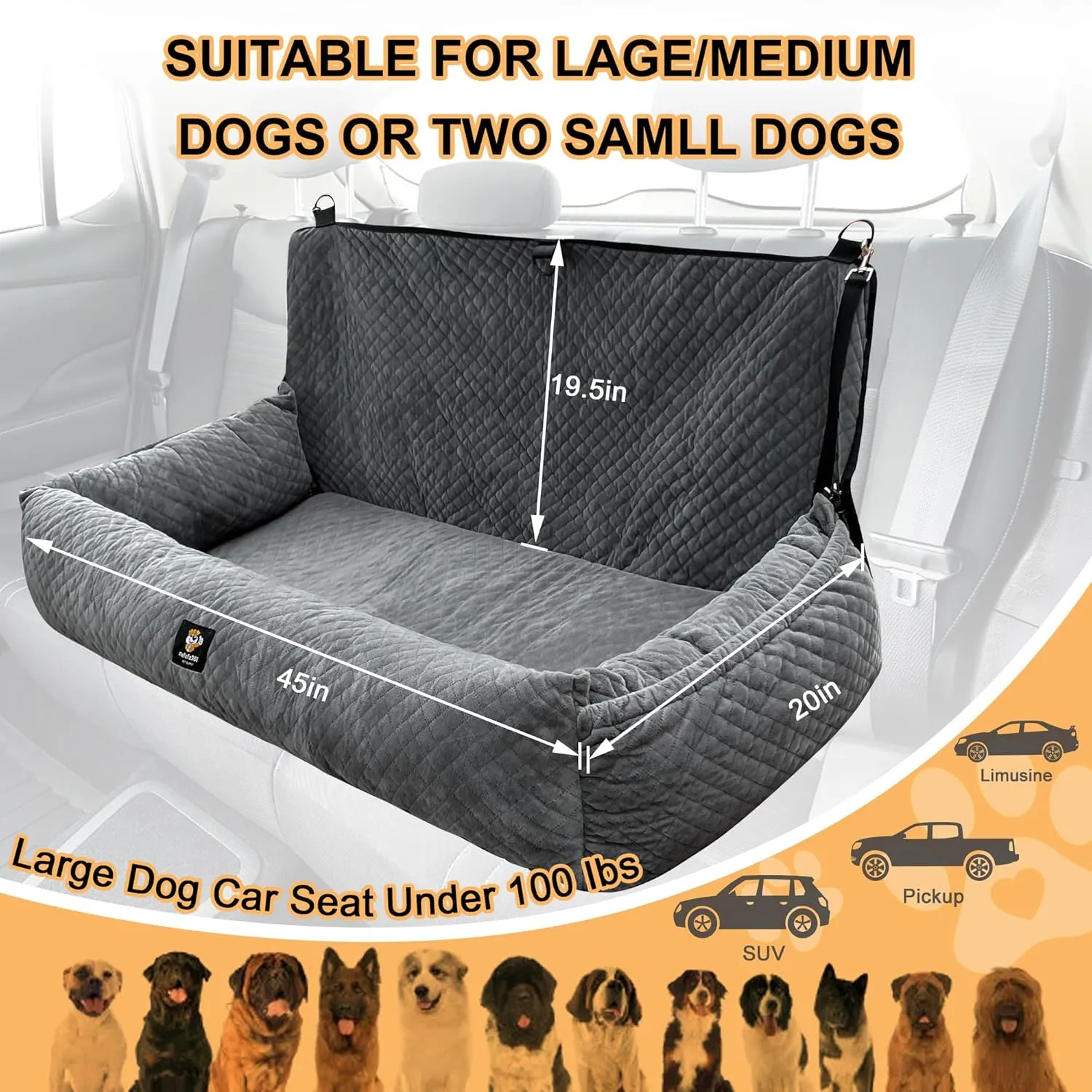 Large Dog Car Booster Seat - Removable, Washable, Safety Tethers, Storage Pocket - Under 100LBS, Gray