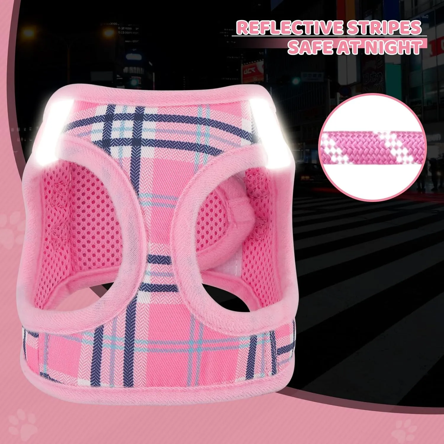 Magshion No Pull Dog Harness and Leash Set for Extra Small Dogs, Heavy Duty 5ft Leash, Padded Pet Vest with Adjustable Velcro & Reflective Strips for Walking, Running, Training in Night, Pink, XS