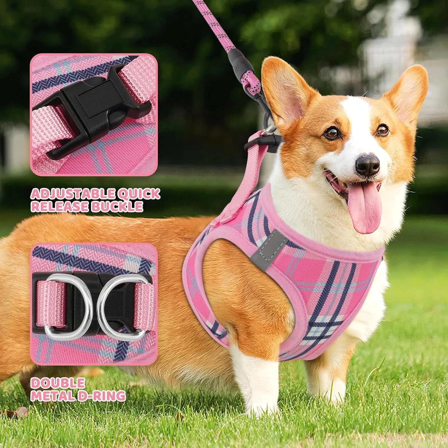 Magshion No Pull Dog Harness and Leash Set for Extra Small Dogs, Heavy Duty 5ft Leash, Padded Pet Vest with Adjustable Velcro & Reflective Strips for Walking, Running, Training in Night, Pink, XS