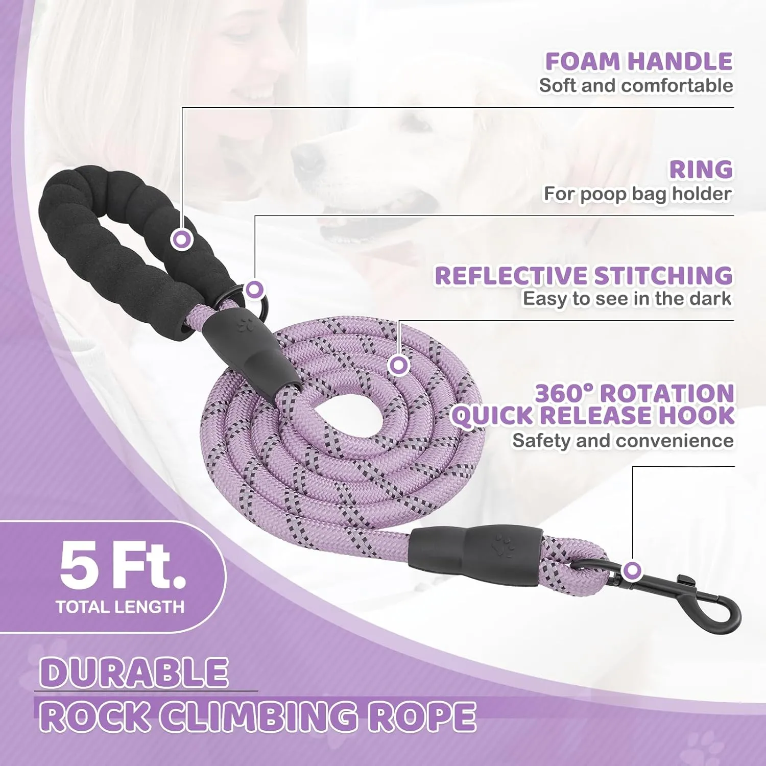 Magshion No Pull Dog Harness and Leash Set for Medium Dogs, Heavy Duty 5ft Leash, Padded Pet Vest with Adjustable Velcro & Reflective Strips for Walking, Running, Training in Night, Purple, M