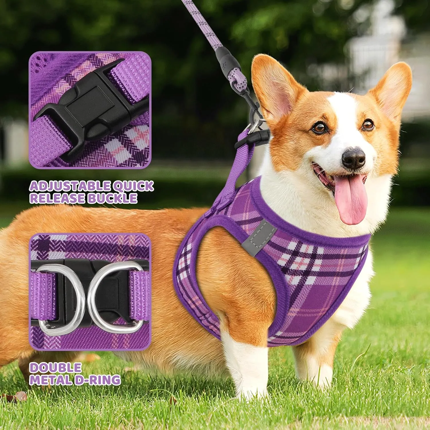 Magshion No Pull Dog Harness and Leash Set for Medium Dogs, Heavy Duty 5ft Leash, Padded Pet Vest with Adjustable Velcro & Reflective Strips for Walking, Running, Training in Night, Purple, M