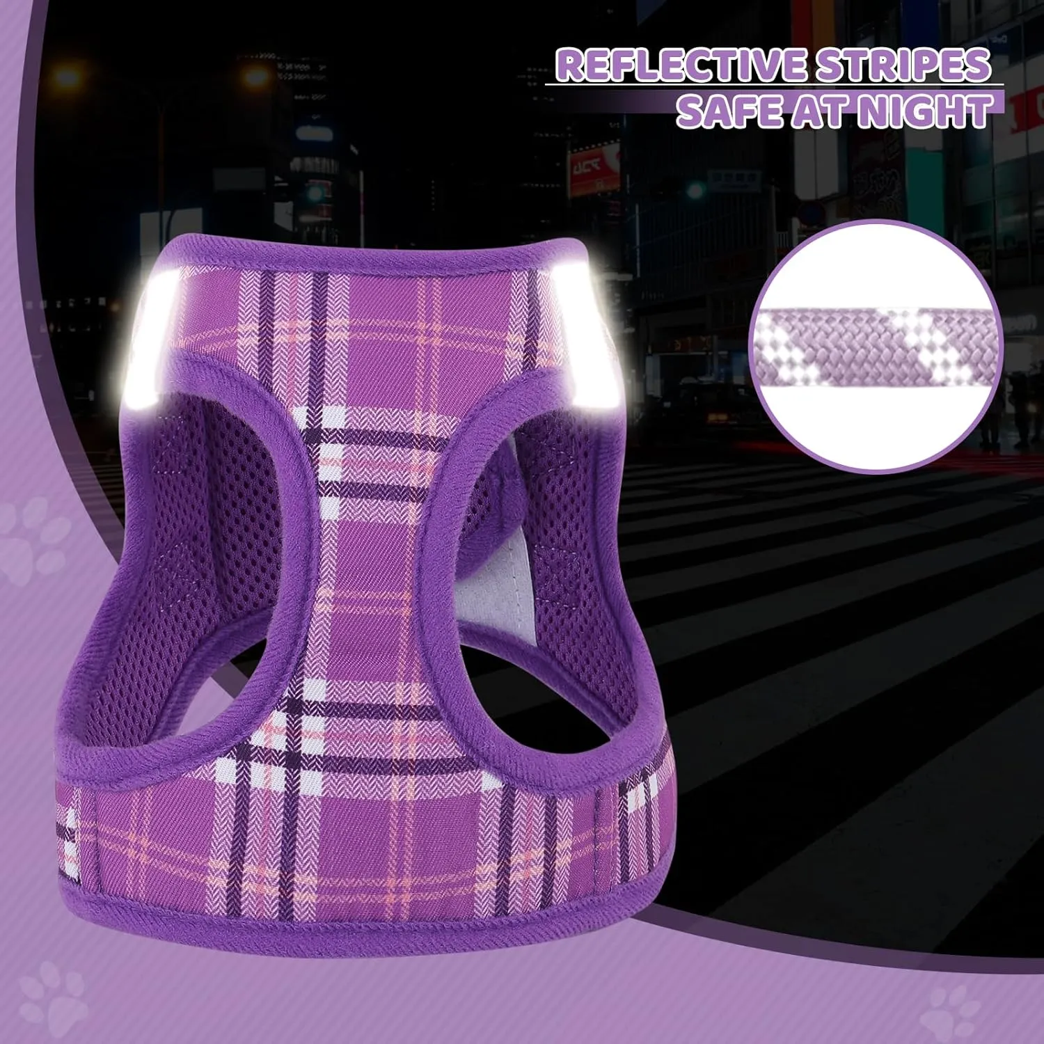 Magshion No Pull Dog Harness and Leash Set for Medium Dogs, Heavy Duty 5ft Leash, Padded Pet Vest with Adjustable Velcro & Reflective Strips for Walking, Running, Training in Night, Purple, M