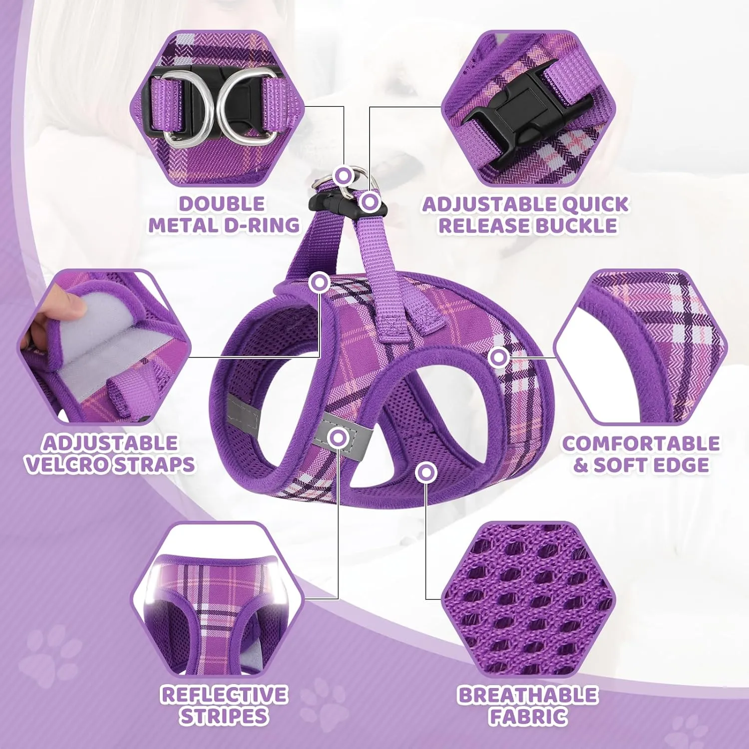 Magshion No Pull Dog Harness and Leash Set for Medium Dogs, Heavy Duty 5ft Leash, Padded Pet Vest with Adjustable Velcro & Reflective Strips for Walking, Running, Training in Night, Purple, M