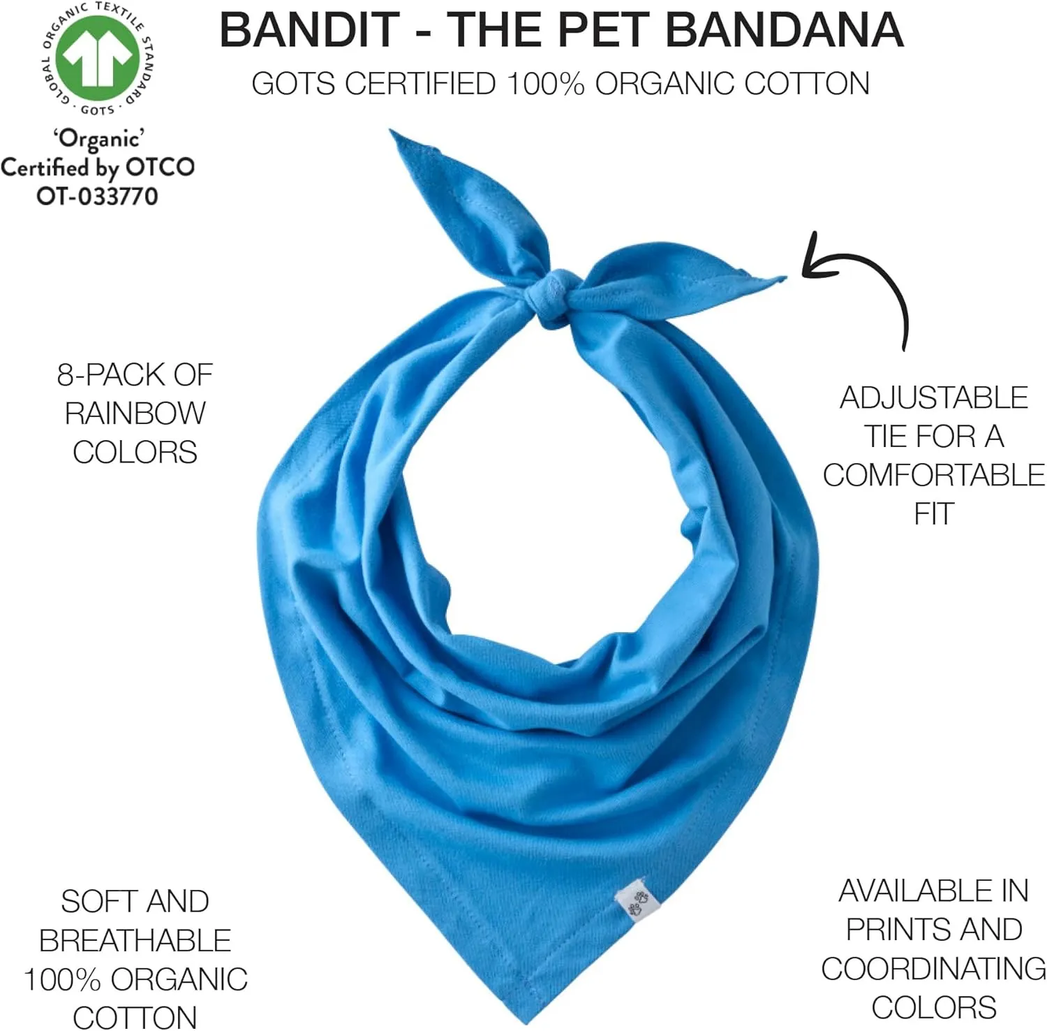 Multipack 100% Organic Cotton Pet Bandanas for Small, Medium and Large Dogs, Rainbow Blues, Medium/Large
