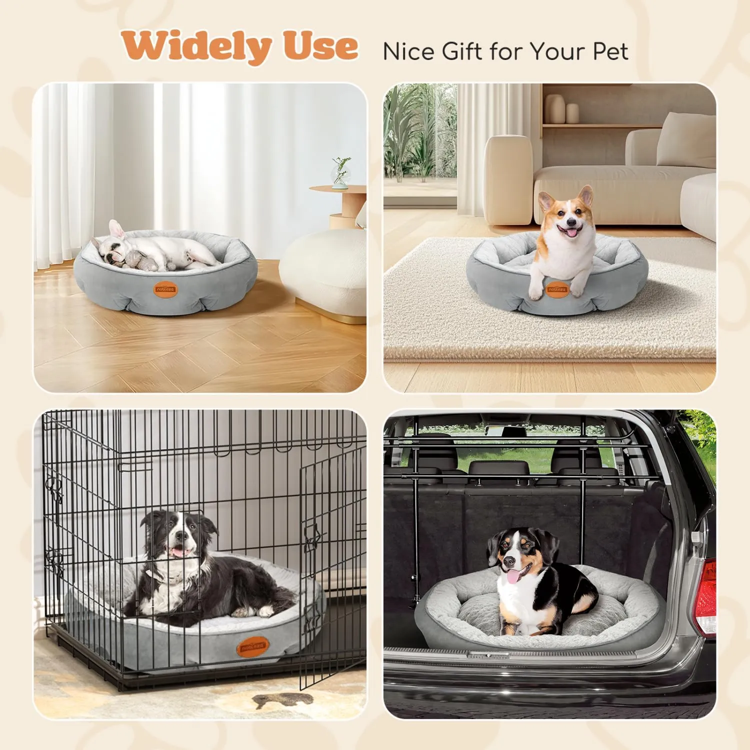 Nobleza Dog Bed Medium Size Dog, Plush Anti Anxiety Donut Round Orthopedic Pet Mat for Sleeping, Supportive Washable Calming Warming Soft Non-Slip Cat Beds for Indoor Cats Washable, 28in, Light Grey