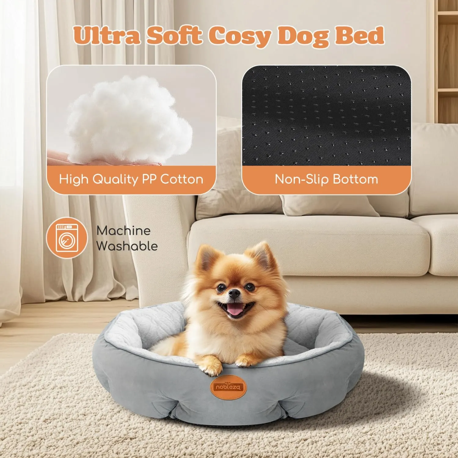 Nobleza Dog Bed Medium Size Dog, Plush Anti Anxiety Donut Round Orthopedic Pet Mat for Sleeping, Supportive Washable Calming Warming Soft Non-Slip Cat Beds for Indoor Cats Washable, 28in, Light Grey
