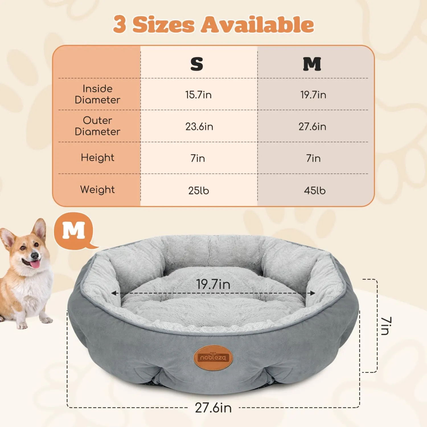 Nobleza Dog Bed Medium Size Dog, Plush Anti Anxiety Donut Round Orthopedic Pet Mat for Sleeping, Supportive Washable Calming Warming Soft Non-Slip Cat Beds for Indoor Cats Washable, 28in, Light Grey