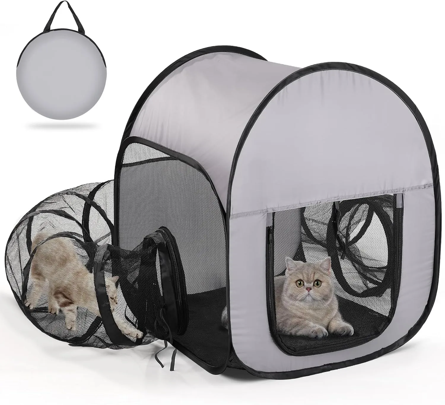 Outdoor Cat Enclosure with Tunnel - Escape-Proof, Breathable & High-Visibility Mesh, Foldable Pet Playpen for Backyard, Camping, Travel