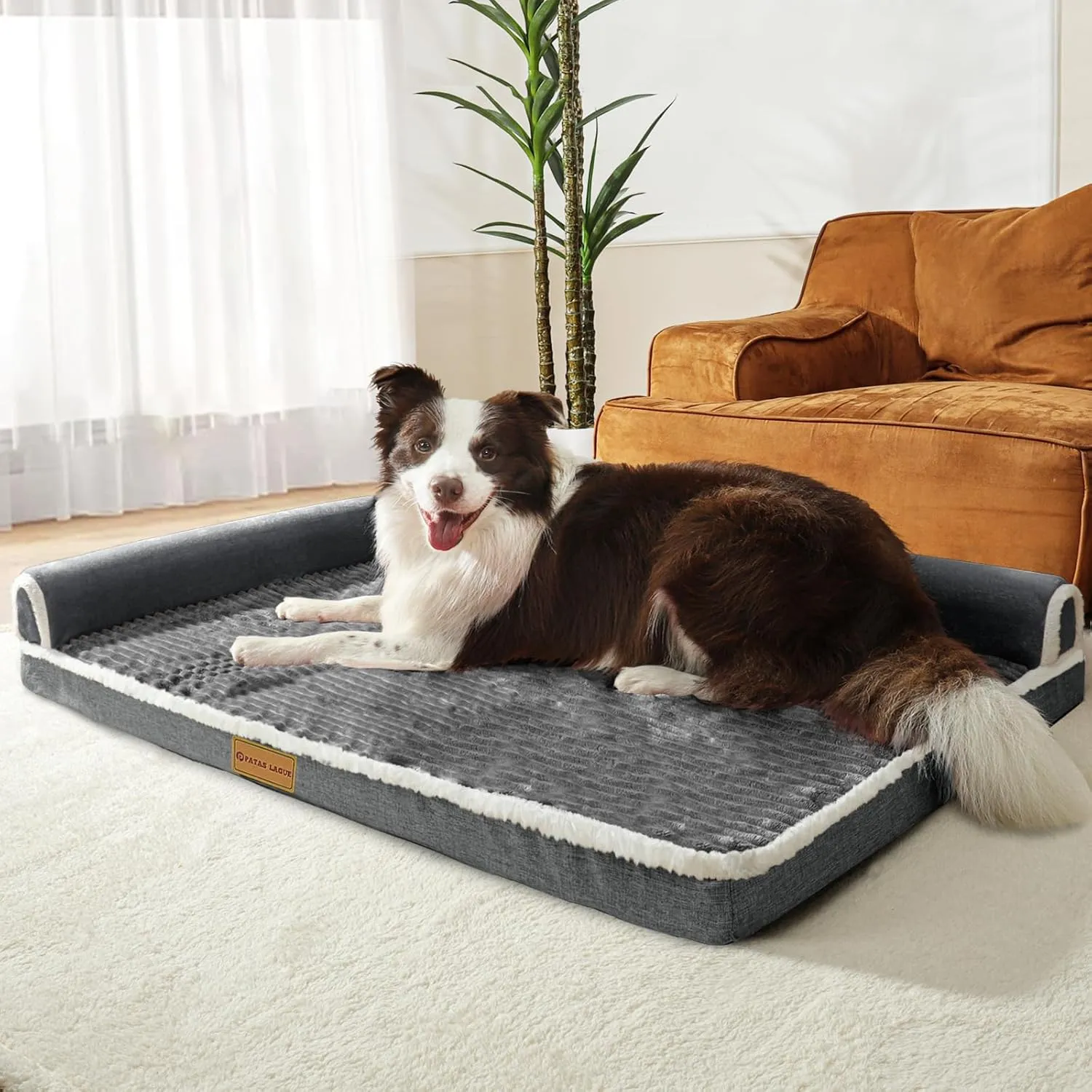Patas Lague Orthopedic Dog Bed for Large Dogs Waterproof Comfortable L Shaped Medium Non-Slip Soft Warm Pet Sofa Sleep Bed mat with Removable Washable Cover 36''X24'' Grey