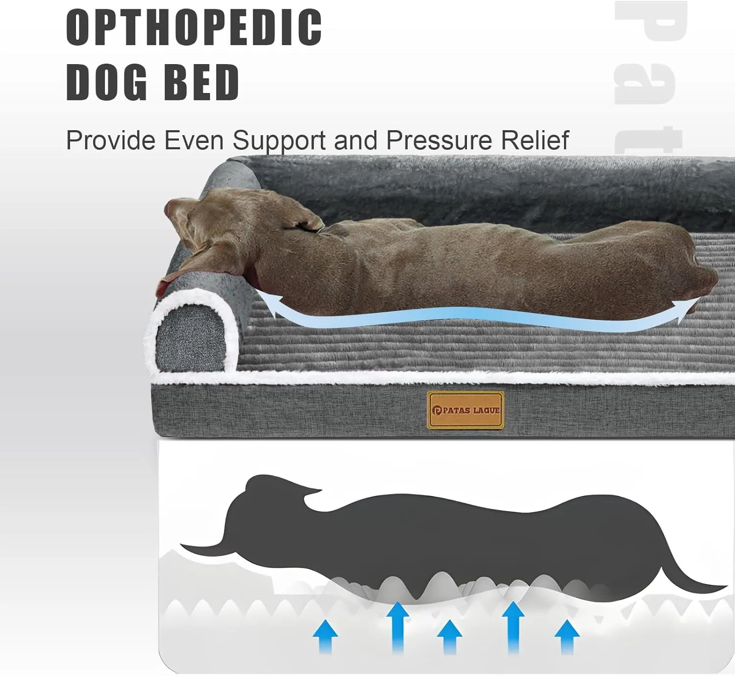 Patas Lague Orthopedic Dog Bed for Large Dogs Waterproof Comfortable L Shaped Medium Non-Slip Soft Warm Pet Sofa Sleep Bed mat with Removable Washable Cover 36''X24'' Grey