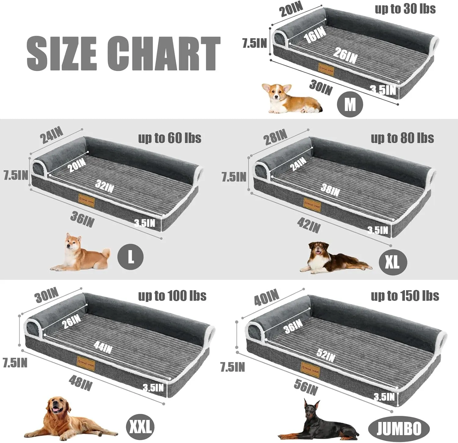 Patas Lague Orthopedic Dog Bed for Large Dogs Waterproof Comfortable L Shaped Medium Non-Slip Soft Warm Pet Sofa Sleep Bed mat with Removable Washable Cover 36''X24'' Grey